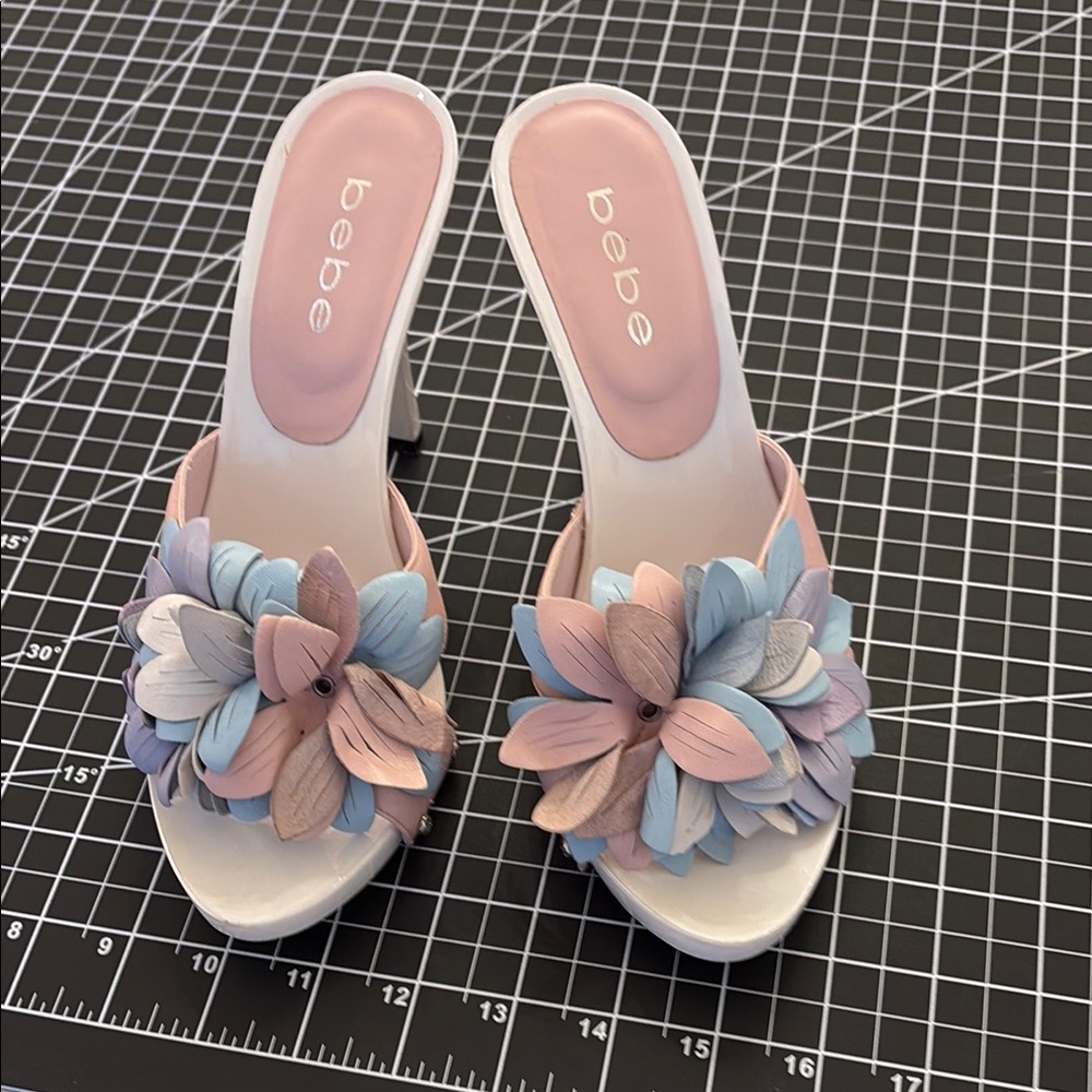 bebe Pastel Pink & Blue Floral Slide Heels